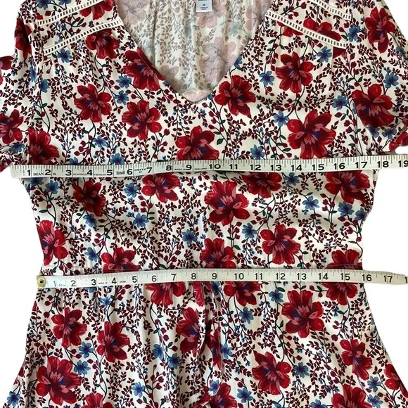 Cream and Red Floral V Neck Long Sleeve Dress - Picture 9 of 14